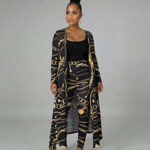 Black & Gold Chain Print Duster Set | Long Cardigan & Pants | Luxe Statement Out